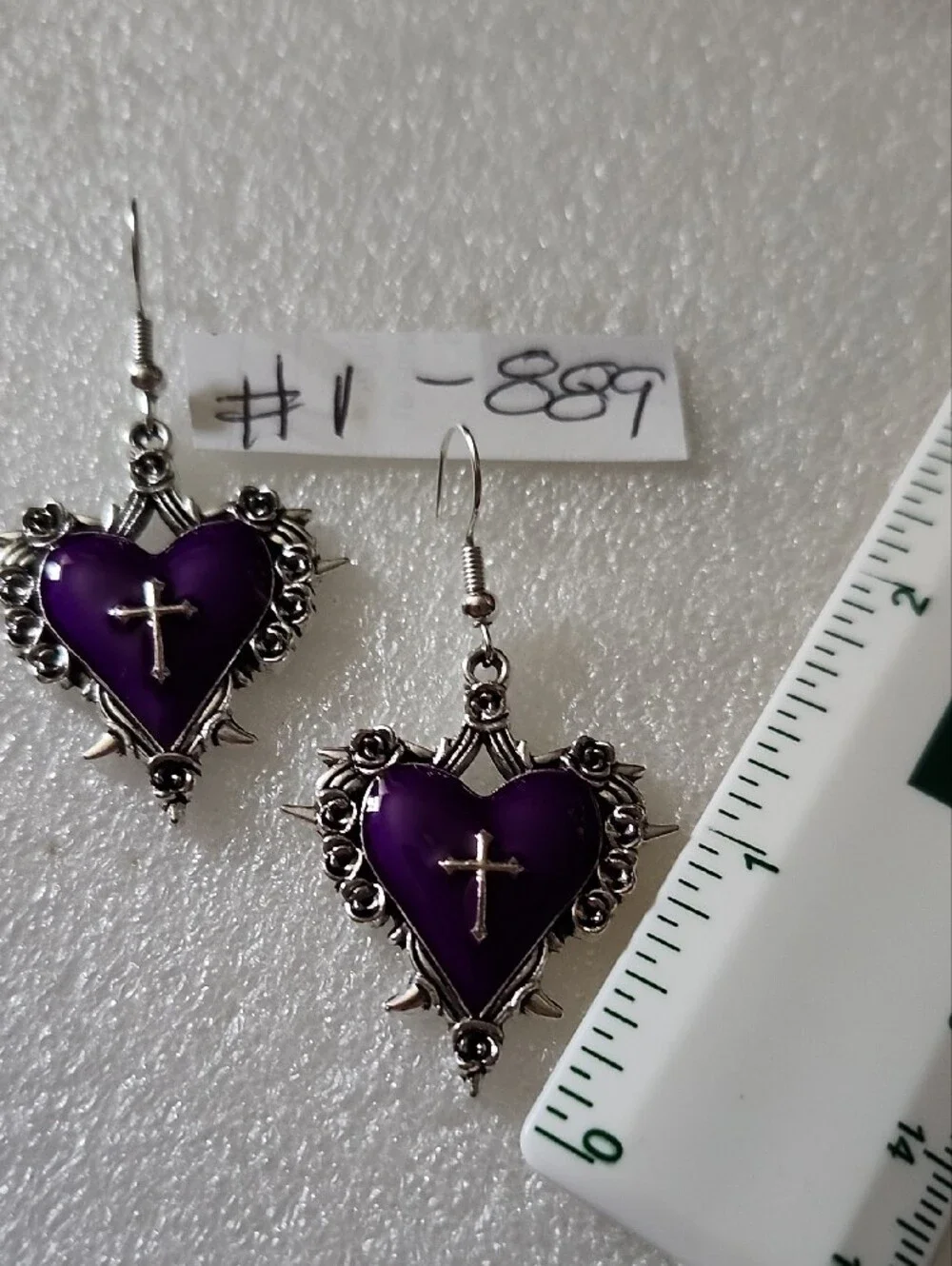 Hand Crafted Purple Heart Cross Earrings